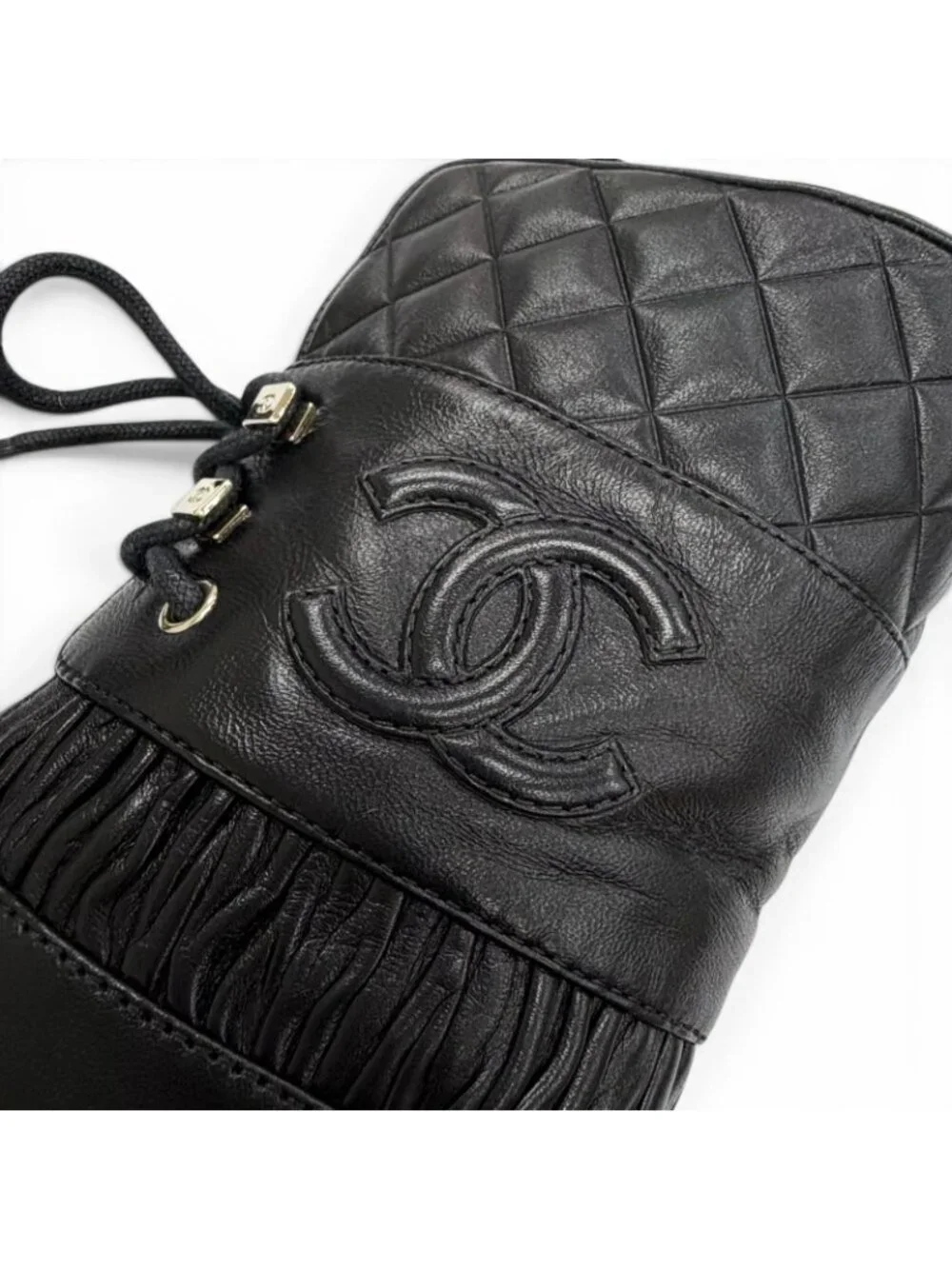 Chanel CC Logo Quilted Lace Up Leather Short Boots Black